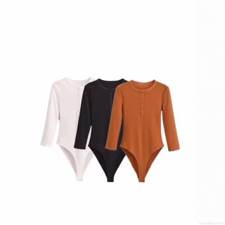 Women's Ribbed Knit Long Sleeve Bodysuit Sexy Slim Fit Round Neck Henley Button Up Jumpsuit Solid Color Streetwear Leotard Top For Daily Casual Wear