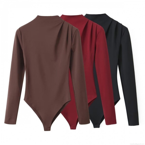 Women Mock Neck Pleated Shoulder Bodysuit Polyester Long Sleeve Slim Fit Sexy Solid Color Leotard Top For Party Daily Casual Streetwear Outfit