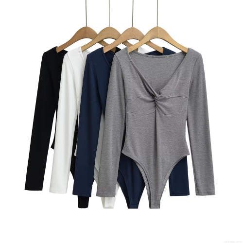 Women's Sexy Deep V Neck Long Sleeve Bodysuit With Twist Front Knotted Design Slim Fit Solid Color Polyester Ribbed Knit Jumpsuit Romper For Clubwear Party Casual Tops Women's Sexy Deep V Neck Long Sleeve Bodysuit With Twist Front Knotted Design Slim Fit Solid Color Polyester Ribbed Knit Jumpsuit Romper For Clubwear Party Casual Tops