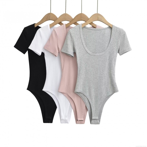 Women's U-Neck Short Sleeve Ribbed Bodysuit Slim Fit Stretchy Leotard Jumpsuit Casual Summer Streetwear Tee Top For Ladies