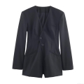 Women Deep V-neck Blazer Bodysuit Long Sleeve Single Breasted Woven Jumpsuit With Shoulder Pads Streetwear Fashion Solid Black Romper Top