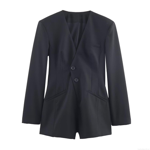 Women Deep V-neck Blazer Bodysuit Long Sleeve Single Breasted Woven Jumpsuit With Shoulder Pads Streetwear Fashion Solid Black Romper Top