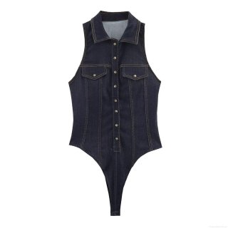 Women's Denim Slim Fit Bodysuit Lapel Collar Single Breasted Sleeveless Jumpsuit Fashion Dark Blue Sexy Bodice For Daily Party Streetwear