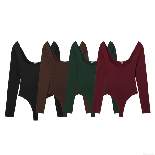 Women's Square Neck Long Sleeve Bodysuit High Stretch Spandex Synthetic Knit Fabric Slim Fit Solid Color Thong Bottom Bodysuits Sexy Basic Jumpsuit Tops For Daily Wear Party Women's Square Neck Long Sleeve Bodysuit High Stretch Spandex Synthetic Knit Fabric Slim Fit Solid Color Thong Bottom Bodysuits Sexy Basic Jumpsuit Tops For Daily Wear Party