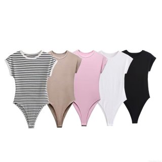 Women's Sexy Ribbed Knit Short Sleeve Bodysuit Slim Fit Round Neck Snap Button Closure Basic Solid Color Striped Jumpsuit For Women Daily Casual Wear