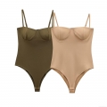 Women's Sexy Backless Bodysuit Satin Silk Texture Slim Fit Spaghetti Strap Camisole Jumpsuit For Summer Fashion Khaki Olive Green Sleeveless Clubwear Top