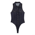 Women Dark Blue Denim Sleeveless Lapel Bodysuit Metal Buttons Contrast Stitching Slim Fit Casual One Piece Romper Top