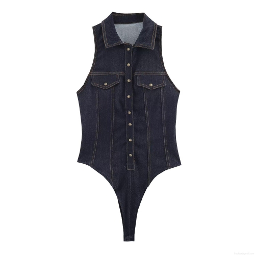 Women Dark Blue Denim Sleeveless Lapel Bodysuit Metal Buttons Contrast Stitching Slim Fit Casual One Piece Romper Top