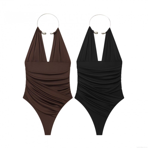 Sexy Halter Bodysuit Women Metal Ring Backless Ruched Slim Fit Sleeveless One Piece Jumpsuit For Party Clubwear Solid Color Tops