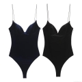 Women Sexy Velvet Bodysuit Spaghetti Strap Deep V-Neck Slim Fit One-Piece Body Suit Solid Color Clubwear Party Wear Base Layer Top