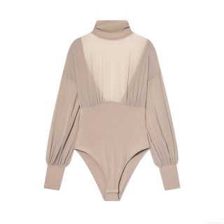 Women's Sexy High Neck Mesh Patchwork Bodysuit Long Sleeve Pleated Sheer Jumpsuit Elegant Slim Fit Khaki Top For Party Club Dating