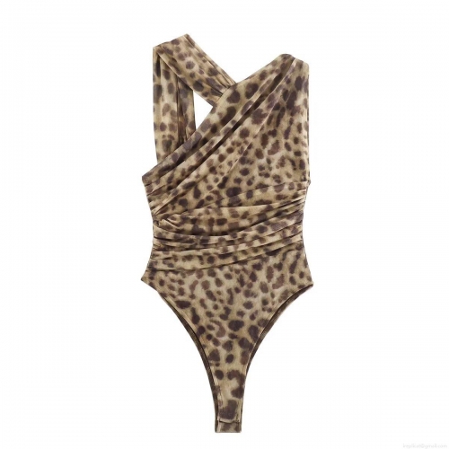 Women's Sexy Leopard Print One Shoulder Bodysuit Ruched Mesh Polyester Sleeveless Jumpsuit Clubwear Party Top Women's Sexy Leopard Print One Shoulder Bodysuit Ruched Mesh Polyester Sleeveless Jumpsuit Clubwear Party Top