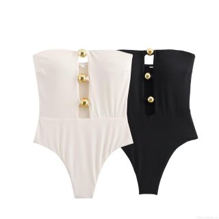 Women Strapless Off Shoulder Bodysuit With Gold Metal Balls Sleeveless Cut Out Pleated Slim Fit Jumpsuit For Party Club Summer Streetwear