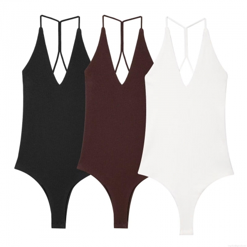 Women's Sexy Deep V Neck Halter Bodysuit Ribbed Knit Backless Sleeveless Bodysuits For Women Summer Beach Party Casual Clubwear