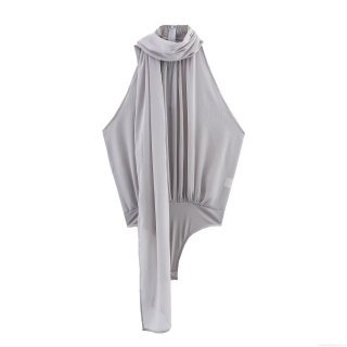 Elegant Women's Bodysuit With Bow Decoration Halter Neck Tulle Fabric Sleeveless Backless Jumpsuit For Party Evening Club Sexy Chic Bodysuit Silver Grey