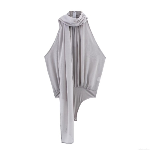 Elegant Women's Bodysuit With Bow Decoration Halter Neck Tulle Fabric Sleeveless Backless Jumpsuit For Party Evening Club Sexy Chic Bodysuit Silver Grey Elegant Women's Bodysuit With Bow Decoration Halter Neck Tulle Fabric Sleeveless Backless Jumpsuit For Party Evening Club Sexy Chic Bodysuit Silver Grey