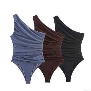 Women's Elegant One Shoulder Ruched Mesh Bodysuit Asymmetric Sleeveless Bodycon Shaping Top Slim Fit Polyester Jumpsuit for Party Clubwear