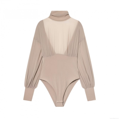 Women's Elegant High Neck Mesh Patchwork Bodysuit Khaki Long Sleeve Backless Pleated Slim Fit Top Fashion Bodycon Party Jumpsuit Leotard