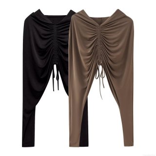 Women's Sexy Backless Hooded Crop Top Drawstring Pleated Long Sleeve Polyester Solid Color Streetwear Casual T-Shirt for Women