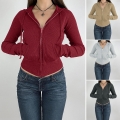 Women's Ribbed Knit Zip Up Hoodie Slim Fit Cropped Jacket Viscose Elastane Blend Long Sleeve Hooded Sweatshirt For Casual Streetwear Women