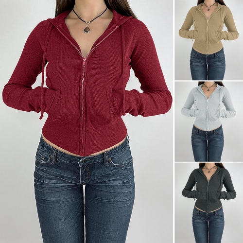 Women's Ribbed Knit Zip Up Hoodie Slim Fit Cropped Jacket Viscose Elastane Blend Long Sleeve Hooded Sweatshirt For Casual Streetwear Women Women's Ribbed Knit Zip Up Hoodie Slim Fit Cropped Jacket Viscose Elastane Blend Long Sleeve Hooded Sweatshirt For Casual Streetwear Women