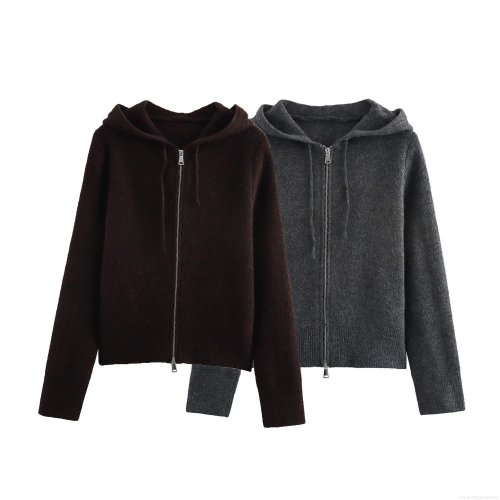 Women's Fashion Knitted Zip-up Hoodie Short Solid Color Long Sleeve Polyester Sweatshirt For Casual Streetwear Western Style Autumn Winter Cardigan Women's Fashion Knitted Zip-up Hoodie Short Solid Color Long Sleeve Polyester Sweatshirt For Casual Streetwear Western Style Autumn Winter Cardigan