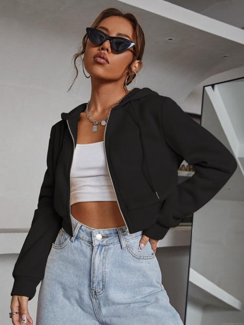 Women's Cropped Zip Up Hoodie 100% Polyester Long Sleeve Slim Fit Hooded Sweatshirt Streetwear Trendy Ins Style Casual Short Cardigan Top