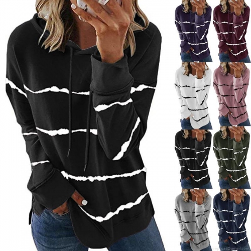 Women's Casual Stripe Print Hooded Sweatshirt Cotton Blend Loose Fit Long Sleeve Hoodie Pullover Top With Side Slit For Autumn Winter Streetwear Women's Casual Stripe Print Hooded Sweatshirt Cotton Blend Loose Fit Long Sleeve Hoodie Pullover Top With Side Slit For Autumn Winter Streetwear