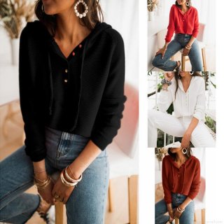 Women's Casual Waffle Knit Hooded Sweatshirt Cotton Blend Loose Fit Button Neck Long Sleeve Pullover Sweater Top For Fall Winter