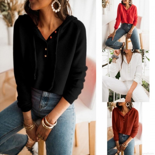 Women's Casual Waffle Knit Hooded Sweatshirt Cotton Blend Loose Fit Button Neck Long Sleeve Pullover Sweater Top For Fall Winter Women's Casual Waffle Knit Hooded Sweatshirt Cotton Blend Loose Fit Button Neck Long Sleeve Pullover Sweater Top For Fall Winter