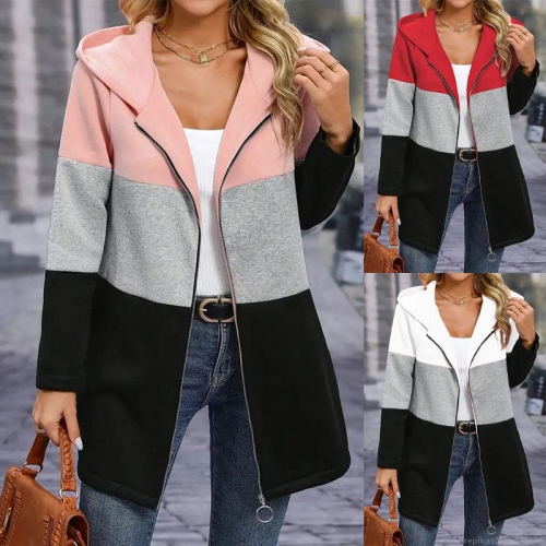 Women's Casual Color Block Hooded Zip-up Cardigan Jacket Loose Mid-length Polyester Spandex Outerwear For Autumn Winter Women's Casual Color Block Hooded Zip-up Cardigan Jacket Loose Mid-length Polyester Spandex Outerwear For Autumn Winter