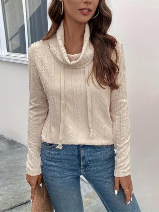 Women's Casual Long Sleeve Knit Hoodie Pullover Solid Apricot Drawstring High Stacking Neck Textured Sweatshirt Autumn Winter Loose Tops