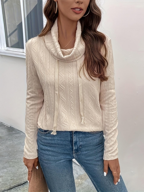 Women's Casual Long Sleeve Knit Hoodie Pullover Solid Apricot Drawstring High Stacking Neck Textured Sweatshirt Autumn Winter Loose Tops