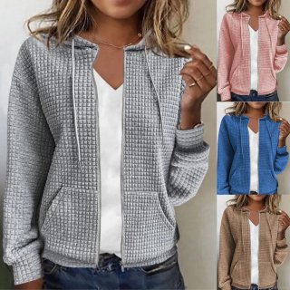 Women's Casual Waffle Knit Zip Up Hoodie Jacket Long Sleeve Solid Color Sweatshirt With Pockets Loose Fit Fashion Outerwear For Women