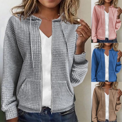 Women's Casual Waffle Knit Zip Up Hoodie Jacket Long Sleeve Solid Color Sweatshirt With Pockets Loose Fit Fashion Outerwear For Women Women's Casual Waffle Knit Zip Up Hoodie Jacket Long Sleeve Solid Color Sweatshirt With Pockets Loose Fit Fashion Outerwear For Women