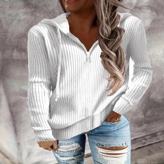 Women's Casual Ribbed Knit Hoodie Loose Fit Half Zip Long Sleeve Pullover Sweatshirt with Metal Ring Zipper Autumn Winter Outdoor Hooded Top
