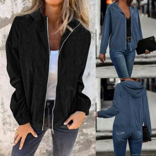 Women's Corduroy Hooded Jacket Casual Solid Color Zipper Sweatshirt Loose Long Sleeve Coat With Pocket For Autumn Winter Daily Wear Outwear