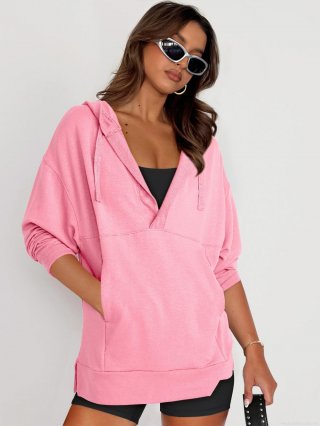 Women's Oversized V-Neck Hoodie Casual Cotton Blend Long Sleeve Sweatshirt with Kangaroo Pocket for Daily Streetwear Loose Pullover
