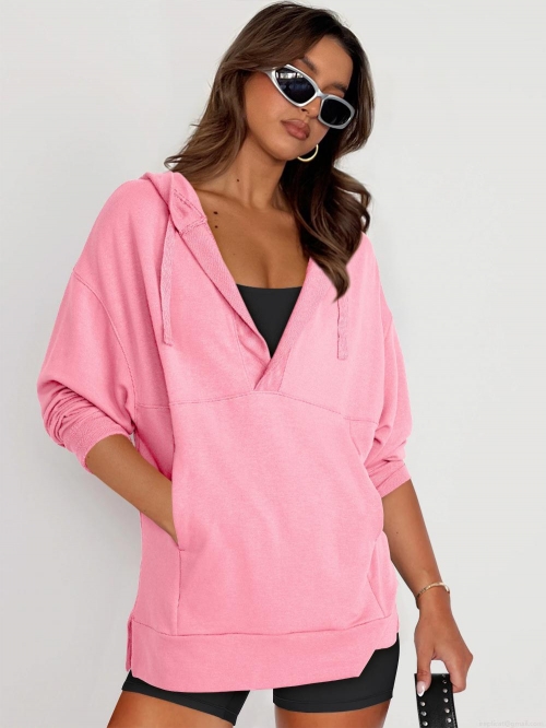 Women's Oversized V-Neck Hoodie Casual Cotton Blend Long Sleeve Sweatshirt with Kangaroo Pocket for Daily Streetwear Loose Pullover