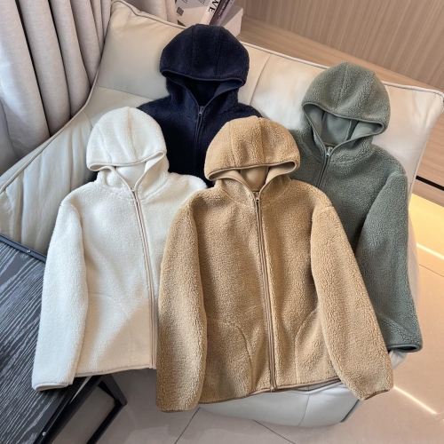 Women's Casual Lamb Wool Fleece Hoodie Jacket Warm Zip Up Solid Color Long Sleeve Hooded Sweatshirt With Pockets For Autumn Winter