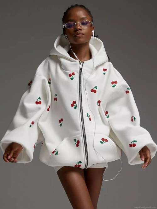 Women's Zip-up Hoodie Cotton Blend Oversized Retro Cherry Print All-over Pattern Hooded Sweatshirt Streetwear Casual Jacket For Women