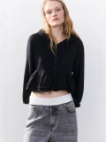 Women's Ruffle Hem Zip Up Hoodie Long Sleeve Hooded Sweatshirt Casual Loose Short Cardigan Jacket Solid Color Cotton Streetwear Tops