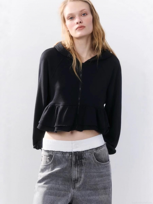Women's Ruffle Hem Zip Up Hoodie Long Sleeve Hooded Sweatshirt Casual Loose Short Cardigan Jacket Solid Color Cotton Streetwear Tops Women's Ruffle Hem Zip Up Hoodie Long Sleeve Hooded Sweatshirt Casual Loose Short Cardigan Jacket Solid Color Cotton Streetwear Tops