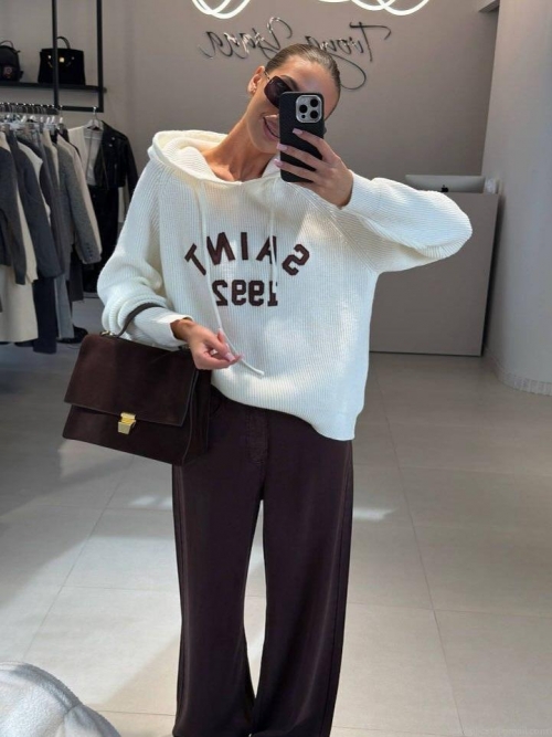 Women's Retro Letter Print Hooded Knit Sweater Loose Casual Cotton Blend Long Sleeve Hoodie Pullover Tops For Winter Autumn Streetwear