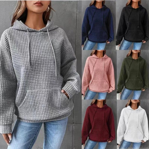 Women's Casual Waffle Knit Hoodie Sweatshirt Long Sleeve Drawstring Pullover Solid Color Polyester Hooded Top With Kangaroo Pocket For Daily Loungewear Women's Casual Waffle Knit Hoodie Sweatshirt Long Sleeve Drawstring Pullover Solid Color Polyester Hooded Top With Kangaroo Pocket For Daily Loungewear