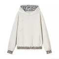 Women's Fashion Leopard Splicing Hoodie Distressed Long Sleeve Cotton Blend Pullover Sweatshirt Oatmeal Streetwear Casual Loose Tops