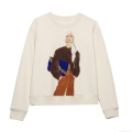 Fashion Character Illustration Print Round Neck Long Sleeve Sweatshirt Women Casual Beige Fleece Lined Pullover Streetwear Autumn Top