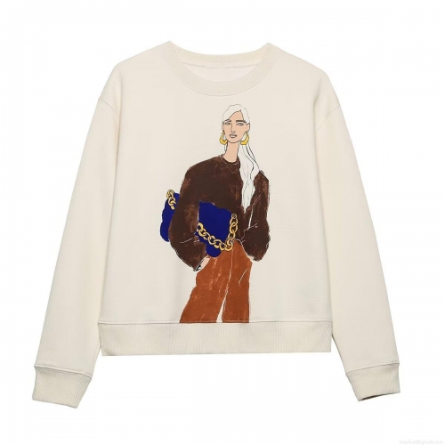 Fashion Character Illustration Print Round Neck Long Sleeve Sweatshirt Women Casual Beige Fleece Lined Pullover Streetwear Autumn Top