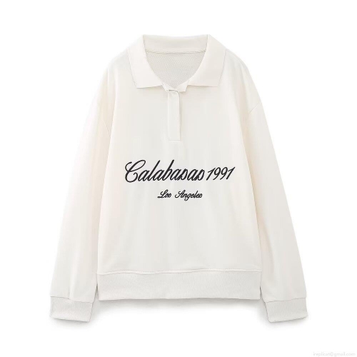 Women's Street Style Polo Collar Long Sleeve Sweatshirt Los Angeles 1991 Letter Print Pullover Top Casual Fleece Sweatshirt For Winter