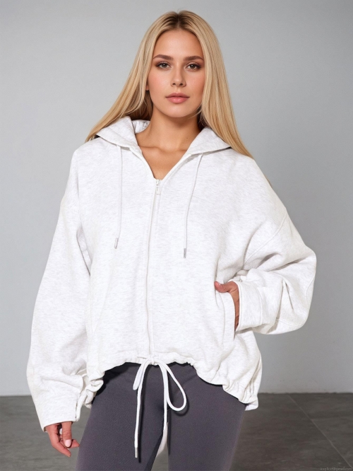 Women's Casual Zip-Up Hoodie Oversized Knit Sweatshirt Jacket With 80% Polyester 20% Cotton Solid Color Drawstring Hooded Top For Sports Outdoor Daily Women Clothing Women's Casual Zip-Up Hoodie Oversized Knit Sweatshirt Jacket With 80% Polyester 20% Cotton Solid Color Drawstring Hooded Top For Sports Outdoor Daily Women Clothing